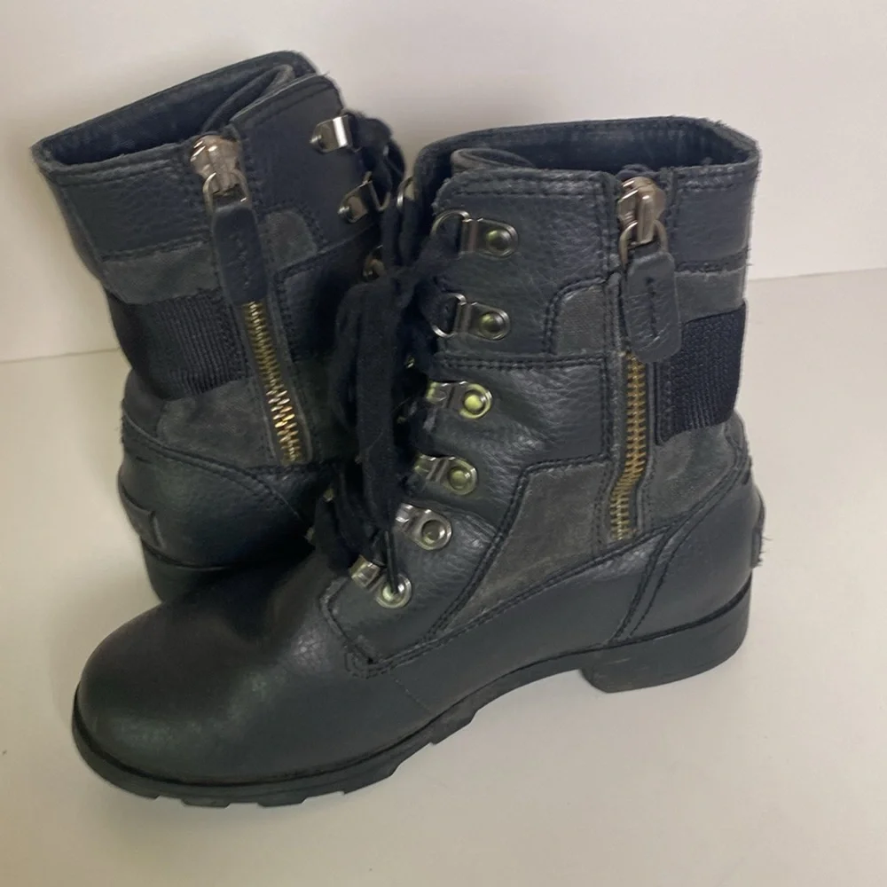 Sorel Girks Black Leather Combat Boots Lace Up Side Zip Youth Sz 2